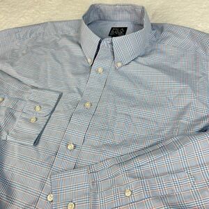 Jos A Bank Traveler Shirt Mens XL Red Blue Plaid Button Up Long Sleeve Collared